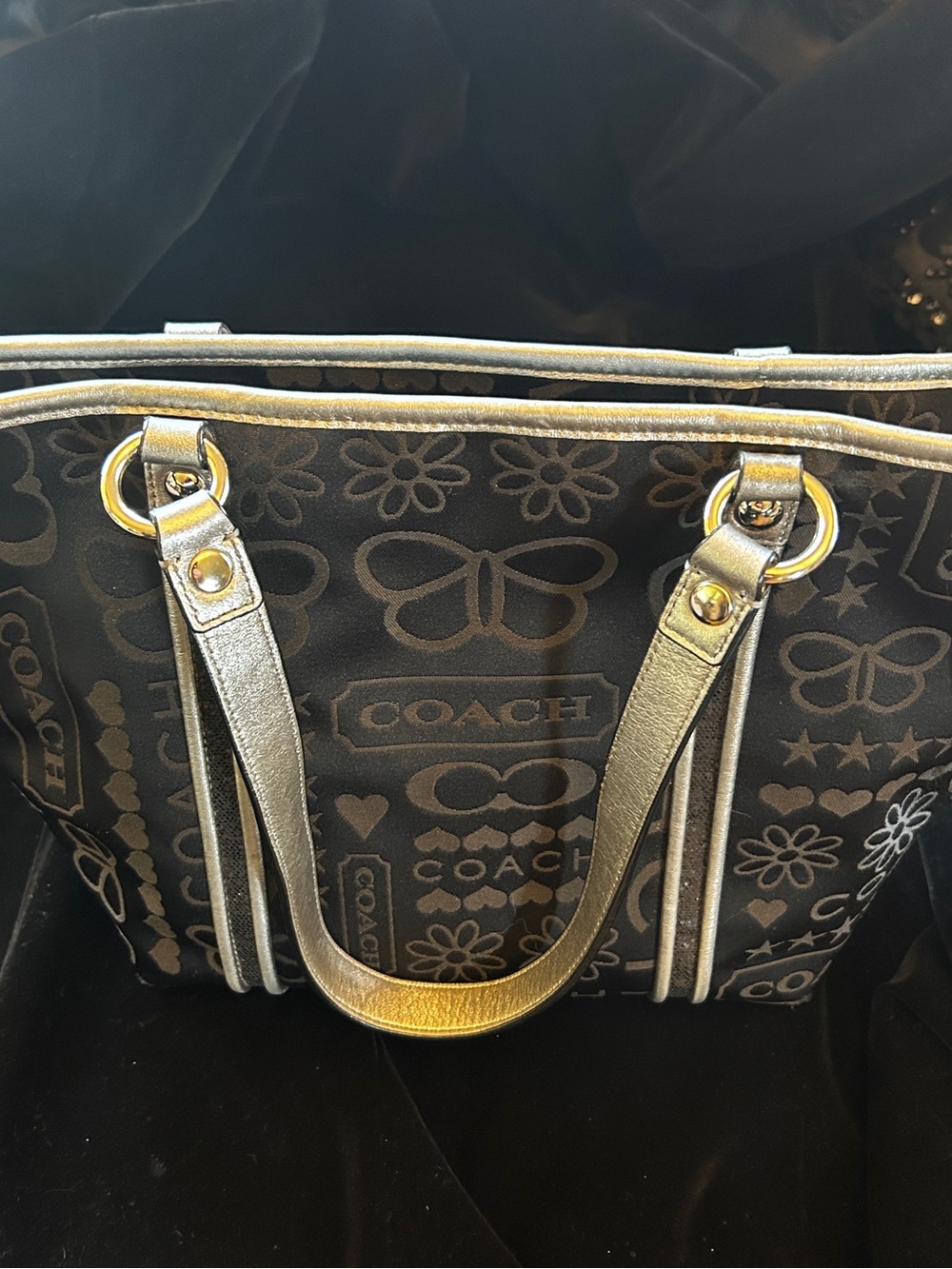 Coach Poppy Black and Silver Glitter Bandana Graffiti Tote